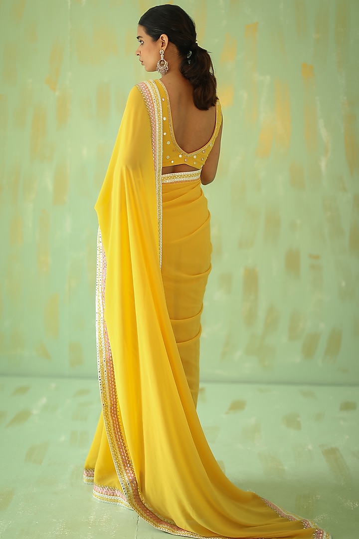 Ochre Yellow Georgette Embroidered Party Wear Saree Set by POULI at Pernia's Pop Up Shop
