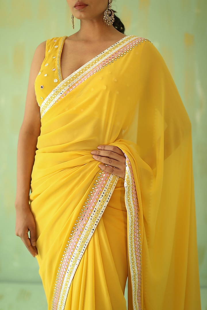 Ochre Yellow Georgette Embroidered Party Wear Saree Set by POULI at Pernia's Pop Up Shop