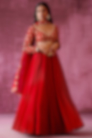 Deep Red Embroidered Lehenga Set by Pouli Pret