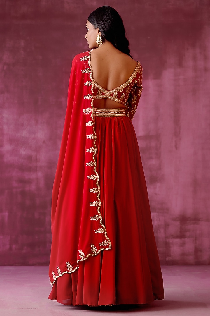 Deep Red Embroidered Wedding Lehenga Set by POULI at Pernia's Pop Up Shop