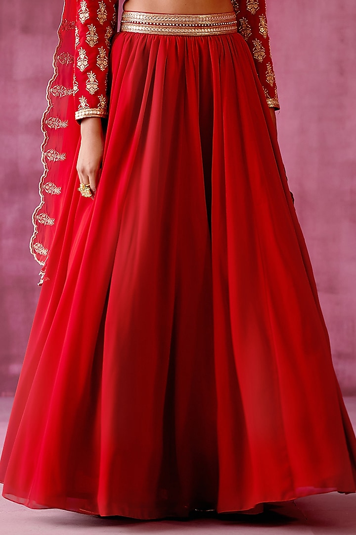 Deep Red Embroidered Wedding Lehenga Set by POULI at Pernia's Pop Up Shop