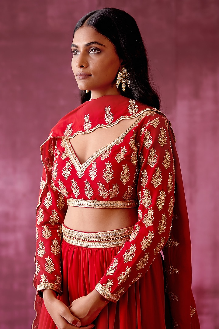 Deep Red Embroidered Wedding Lehenga Set by POULI at Pernia's Pop Up Shop