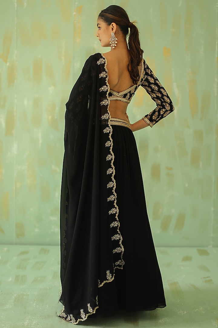 Black Georgette Embroidered Wedding Lehenga Set by POULI at Pernia's Pop Up Shop