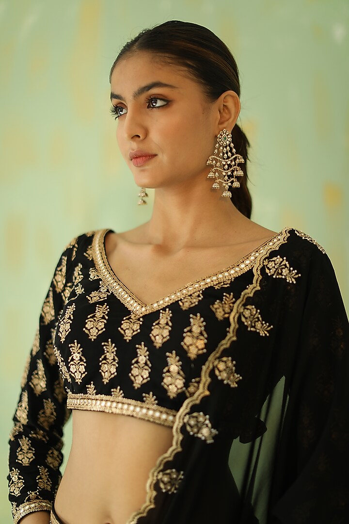 Black Georgette Embroidered Wedding Lehenga Set by POULI at Pernia's Pop Up Shop