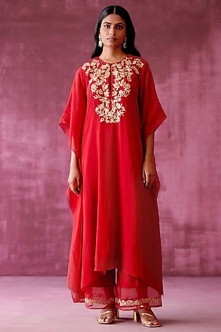 Deep Red Embroidered Kaftan Set by POULI