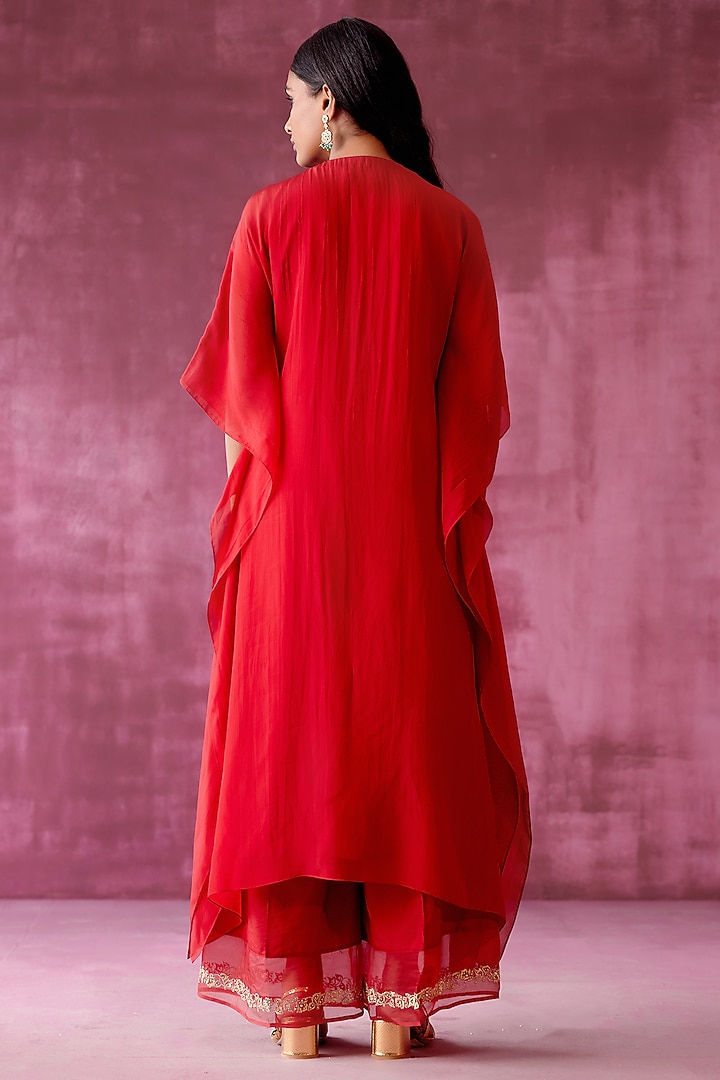 Deep Red Embroidered Kaftan Set by POULI at Pernia's Pop Up Shop
