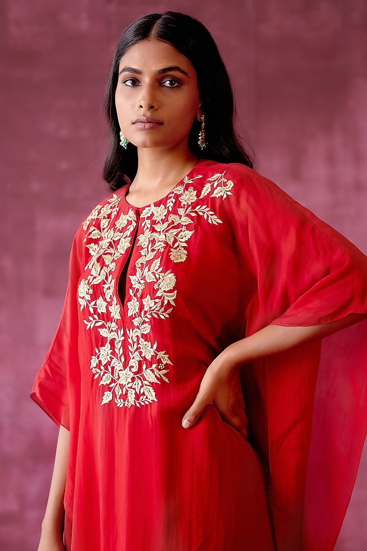 Deep Red Embroidered Kaftan Set by POULI at Pernia's Pop Up Shop