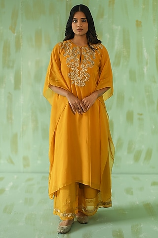 Ochre Yellow Embroidered Kaftan Set by POULI