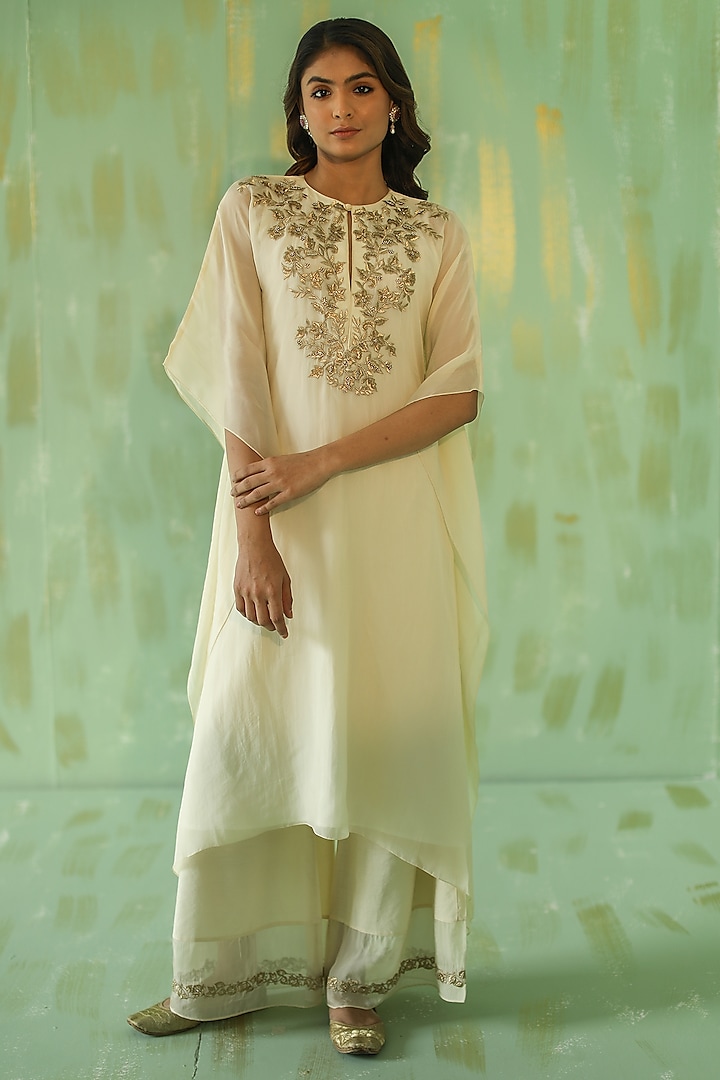 Off-White Embroidered Kaftan Set by Tabeer