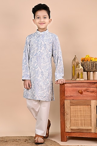 Blue Cotton Thread Work Kurta Set For Boys by Taber Tikri