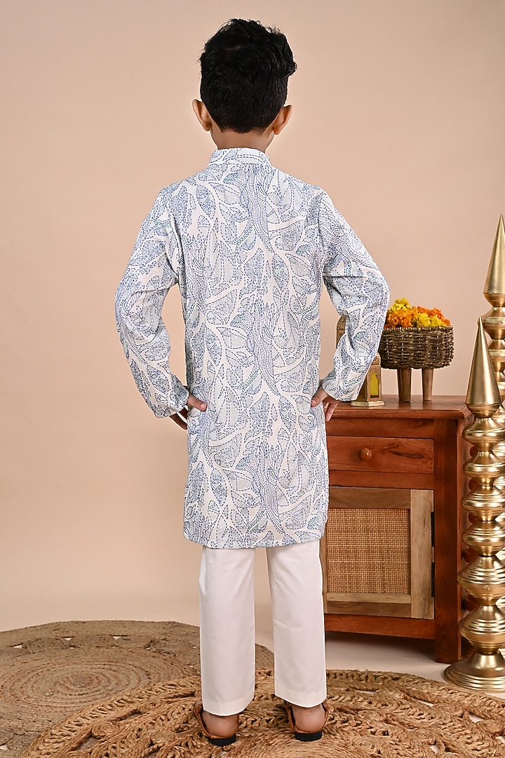 Blue Cotton Thread Work Kurta Set For Boys by Taber Tikri at Pernia's Pop Up Shop