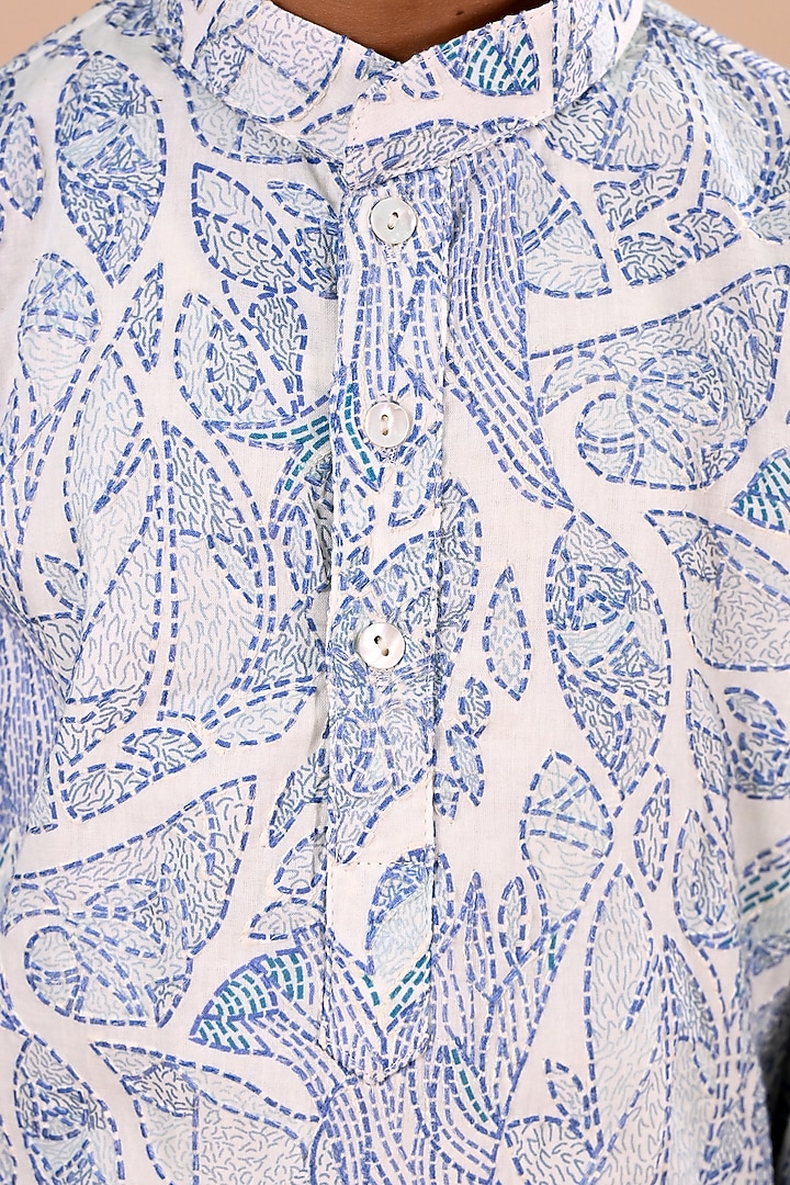 Blue Cotton Thread Work Kurta Set For Boys by Taber Tikri at Pernia's Pop Up Shop