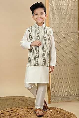 Off-white Cotton Silk Mirror Embroidered Nehru Jacket Set For Boys by Taber Tikri