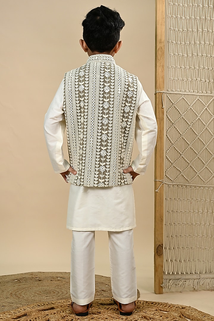 Off-white Cotton Silk Mirror Embroidered Nehru Jacket Set For Boys by Taber Tikri at Pernia's Pop Up Shop