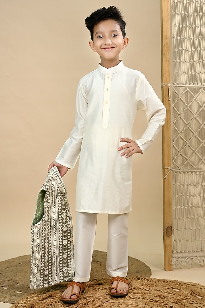 Off-white Cotton Silk Mirror Embroidered Nehru Jacket Set For Boys by Taber Tikri at Pernia's Pop Up Shop