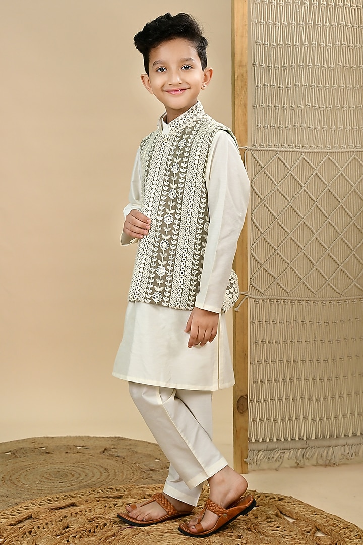 Off-white Cotton Silk Mirror Embroidered Nehru Jacket Set For Boys by Taber Tikri at Pernia's Pop Up Shop