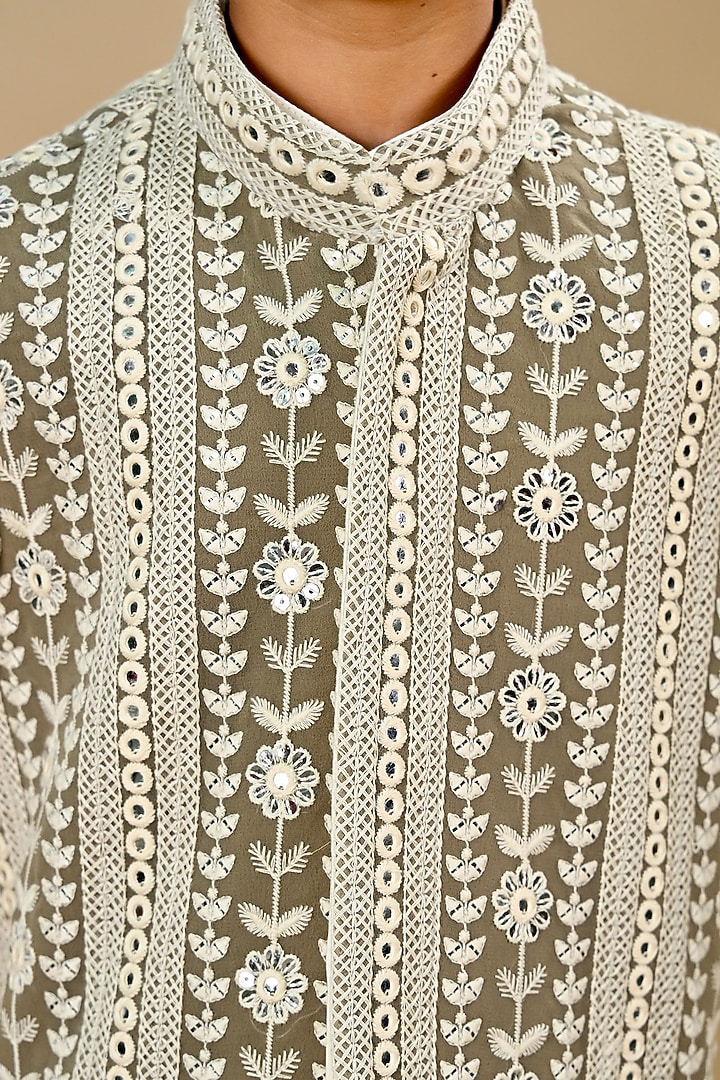 Off-white Cotton Silk Mirror Embroidered Nehru Jacket Set For Boys by Taber Tikri at Pernia's Pop Up Shop