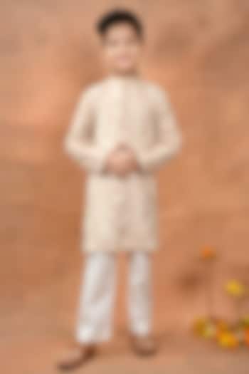 Beige Dola Silk Embroidered Kurta Set For Boys by Taber Tikri at Pernia's Pop Up Shop