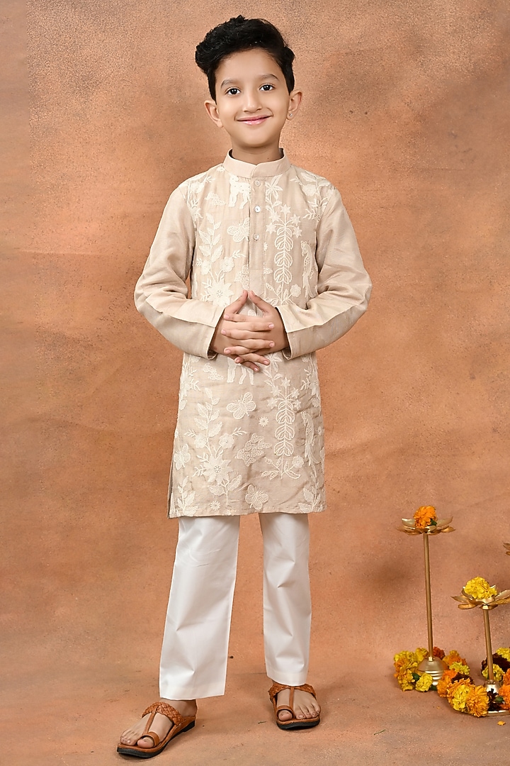 Beige Dola Silk Embroidered Kurta Set For Boys by Taber Tikri at Pernia's Pop Up Shop