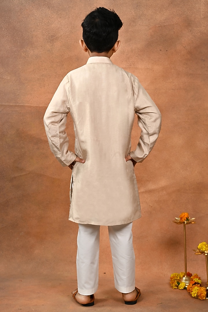 Beige Dola Silk Embroidered Kurta Set For Boys by Taber Tikri at Pernia's Pop Up Shop