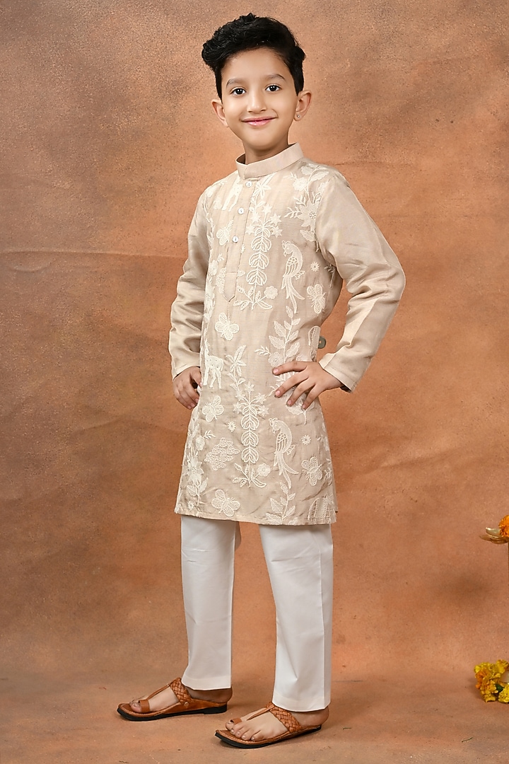 Beige Dola Silk Embroidered Kurta Set For Boys by Taber Tikri at Pernia's Pop Up Shop