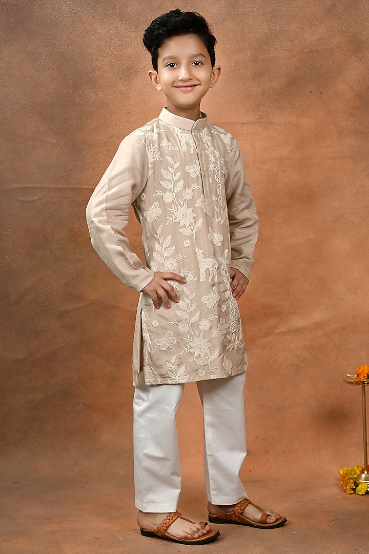 Beige Dola Silk Embroidered Kurta Set For Boys by Taber Tikri at Pernia's Pop Up Shop
