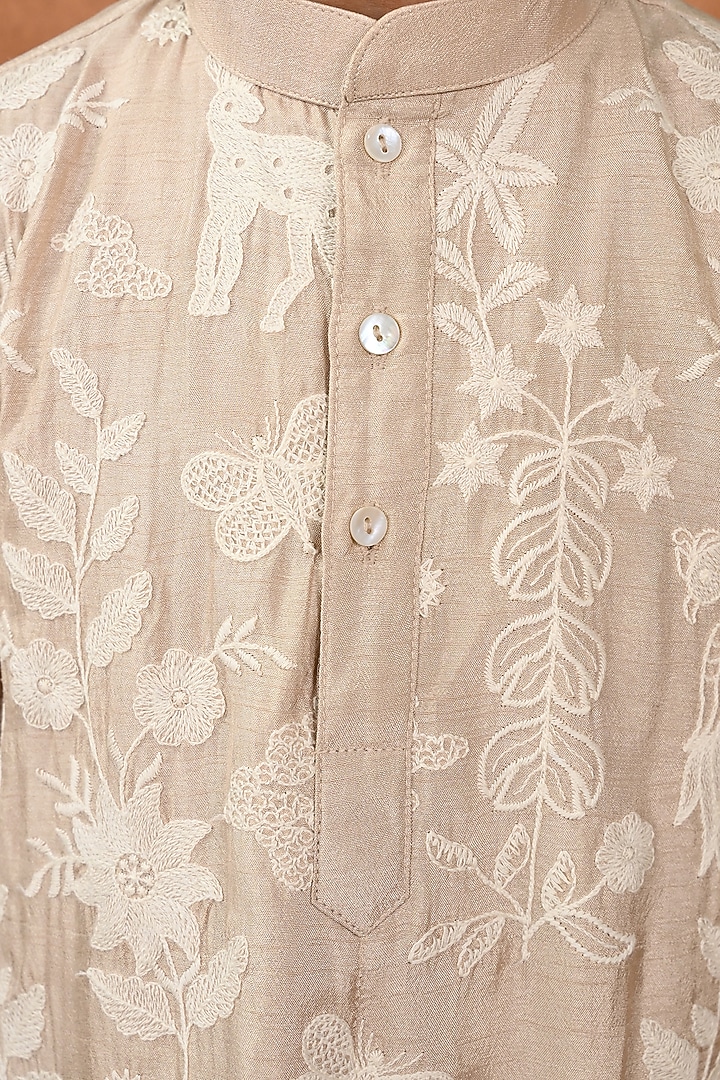 Beige Dola Silk Embroidered Kurta Set For Boys by Taber Tikri at Pernia's Pop Up Shop