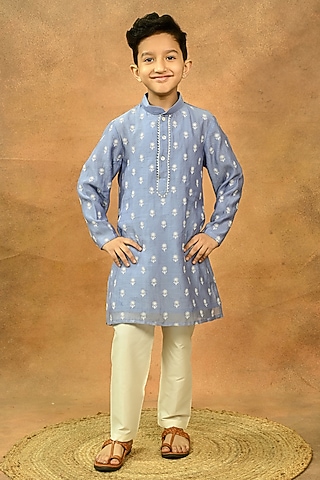 Blue Pure Chanderi Embroidered Kurta Set For Boys by Taber Tikri