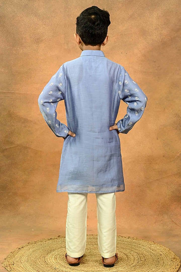 Blue Pure Chanderi Embroidered Kurta Set For Boys by Taber Tikri at Pernia's Pop Up Shop