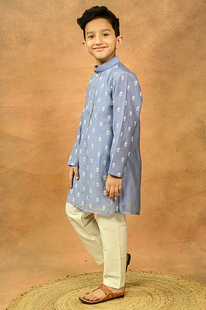 Blue Pure Chanderi Embroidered Kurta Set For Boys by Taber Tikri at Pernia's Pop Up Shop