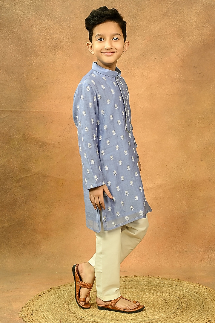 Blue Pure Chanderi Embroidered Kurta Set For Boys by Taber Tikri at Pernia's Pop Up Shop