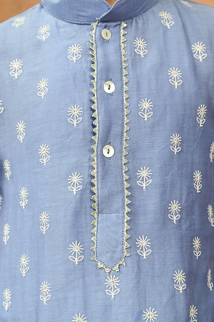 Blue Pure Chanderi Embroidered Kurta Set For Boys by Taber Tikri at Pernia's Pop Up Shop