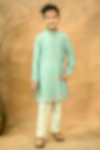 Green Pure Chanderi Embroidered Kurta Set For Boys by Taber Tikri at Pernia's Pop Up Shop