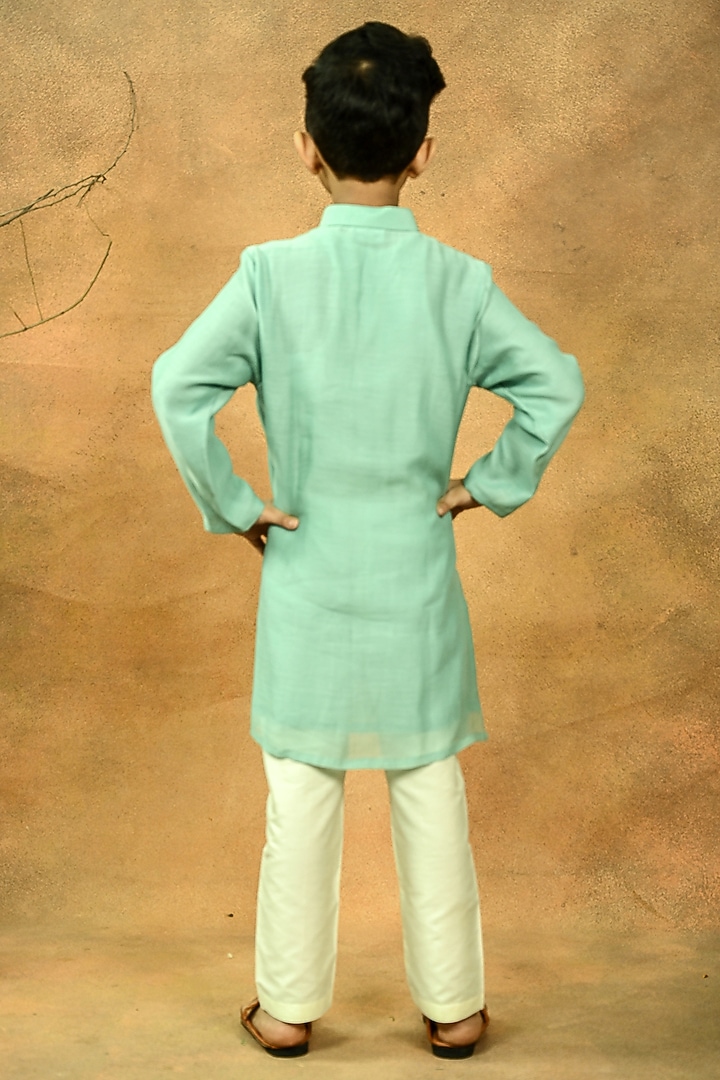 Green Pure Chanderi Embroidered Kurta Set For Boys by Taber Tikri at Pernia's Pop Up Shop