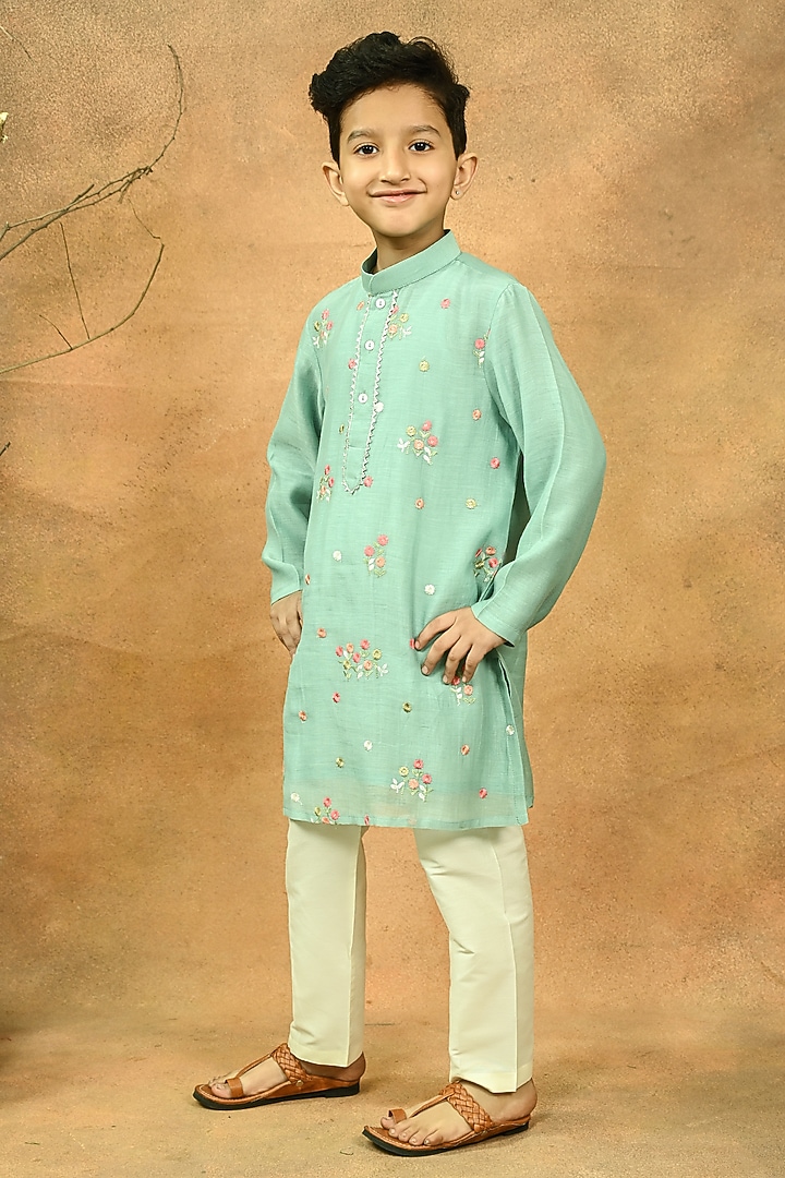 Green Pure Chanderi Embroidered Kurta Set For Boys by Taber Tikri at Pernia's Pop Up Shop