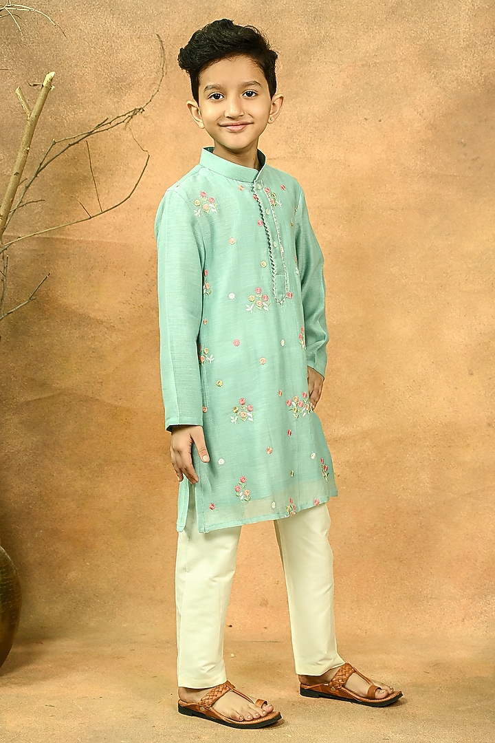 Green Pure Chanderi Embroidered Kurta Set For Boys by Taber Tikri at Pernia's Pop Up Shop