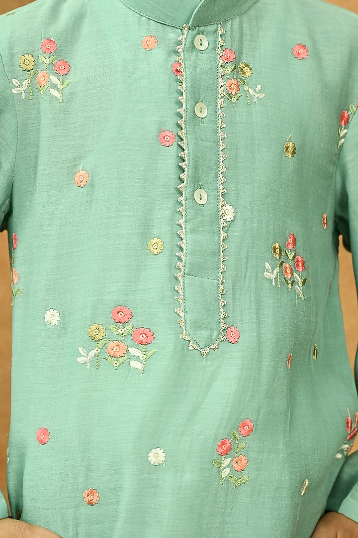 Green Pure Chanderi Embroidered Kurta Set For Boys by Taber Tikri at Pernia's Pop Up Shop