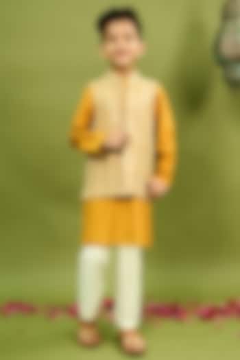 Mustard Russian Silk Embroidered Nehru Jacket Set For Boys by Taber Tikri at Pernia's Pop Up Shop