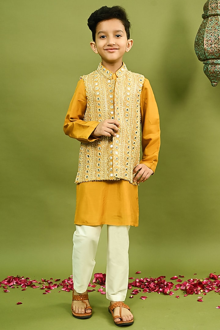 Mustard Russian Silk Embroidered Nehru Jacket Set For Boys by Taber Tikri at Pernia's Pop Up Shop