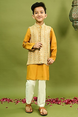 Mustard Russian Silk Embroidered Nehru Jacket Set For Boys by Taber Tikri
