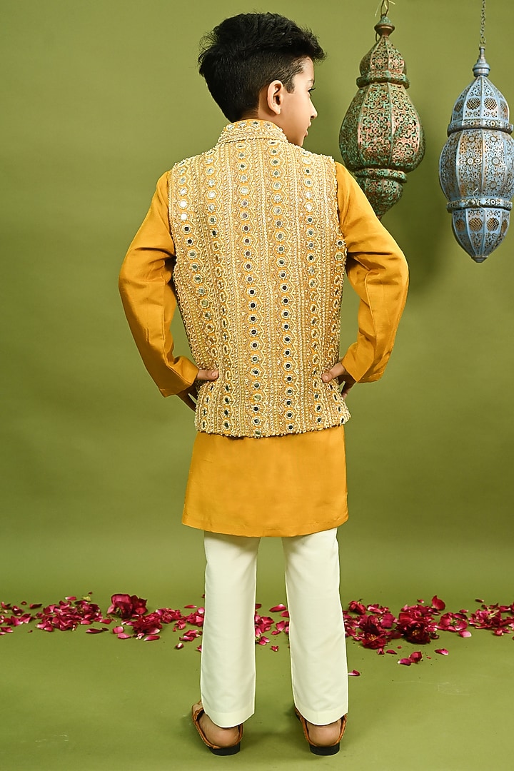Mustard Russian Silk Embroidered Nehru Jacket Set For Boys by Taber Tikri at Pernia's Pop Up Shop