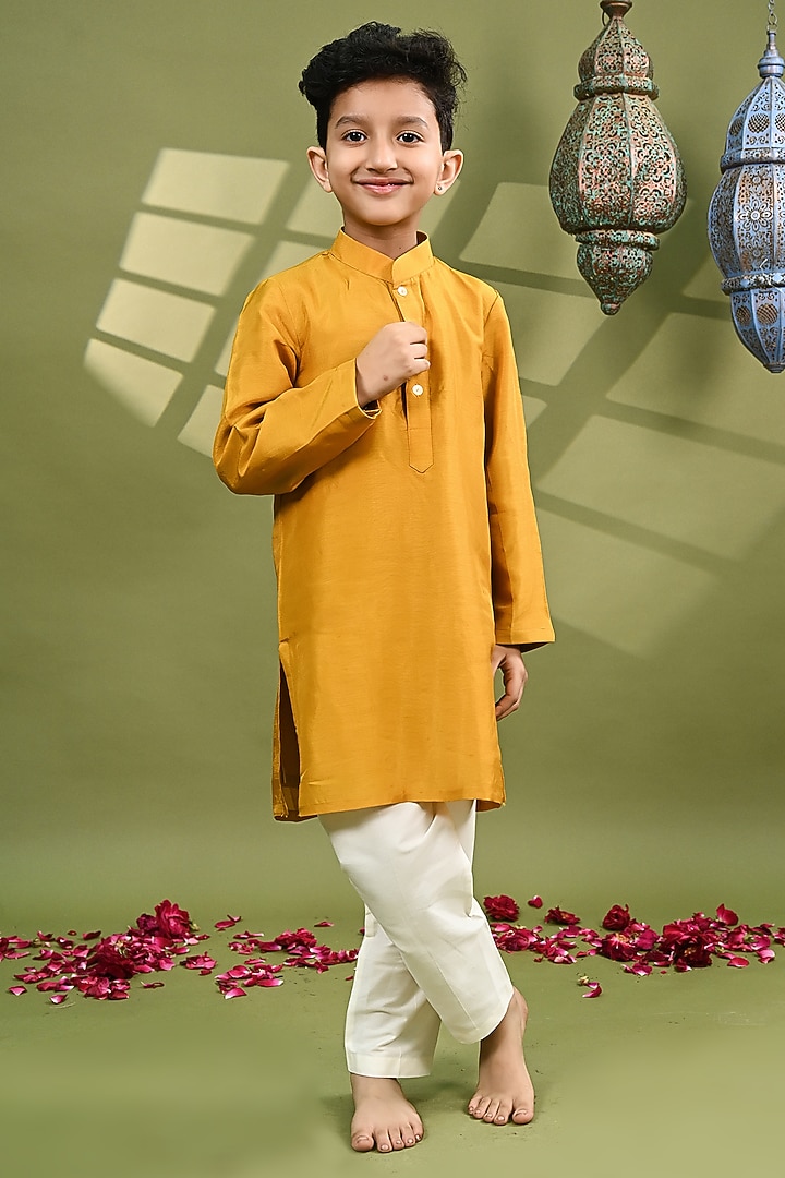 Mustard Russian Silk Embroidered Nehru Jacket Set For Boys by Taber Tikri at Pernia's Pop Up Shop