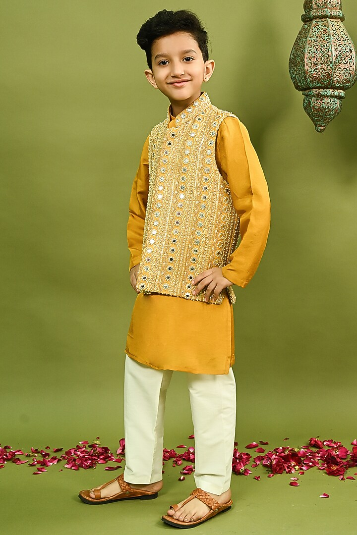 Mustard Russian Silk Embroidered Nehru Jacket Set For Boys by Taber Tikri at Pernia's Pop Up Shop