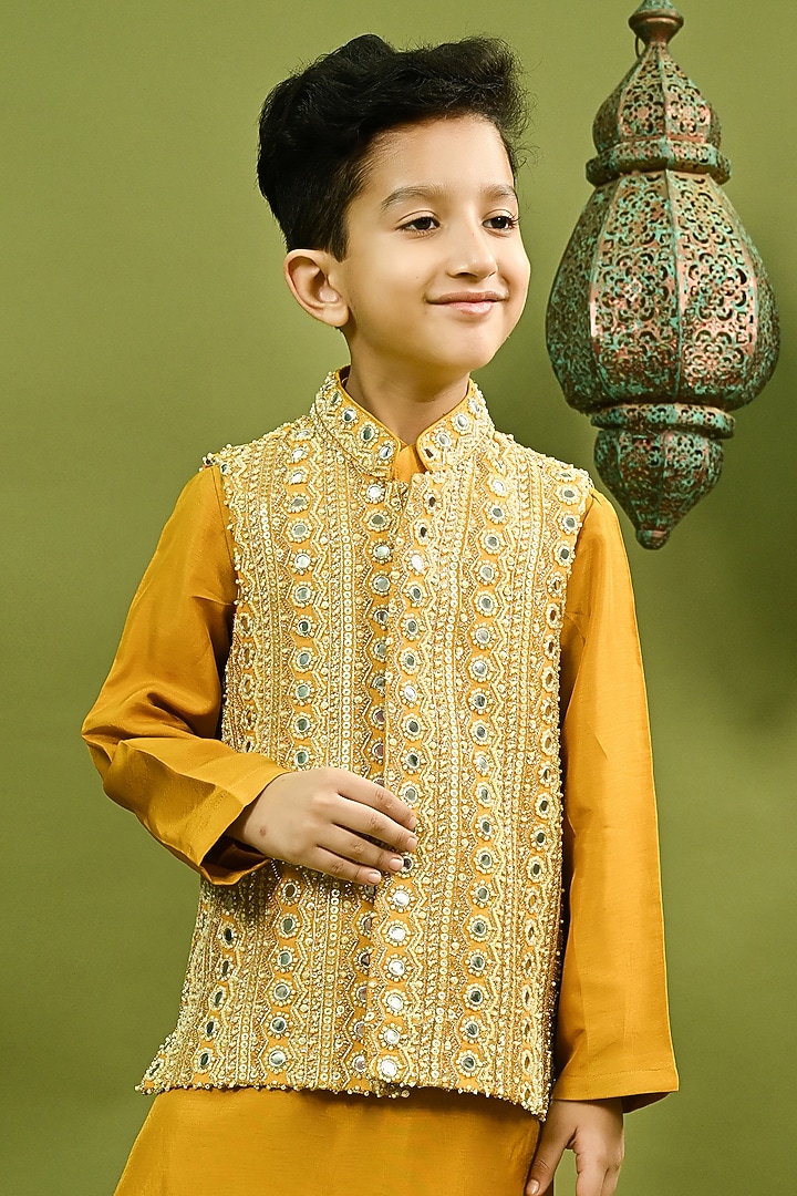 Mustard Russian Silk Embroidered Nehru Jacket Set For Boys by Taber Tikri at Pernia's Pop Up Shop