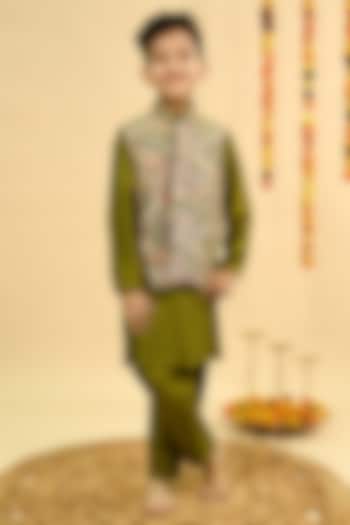 Olive Green Dola Silk Embroidered Nehru Jacket Set For Boys by Taber Tikri at Pernia's Pop Up Shop