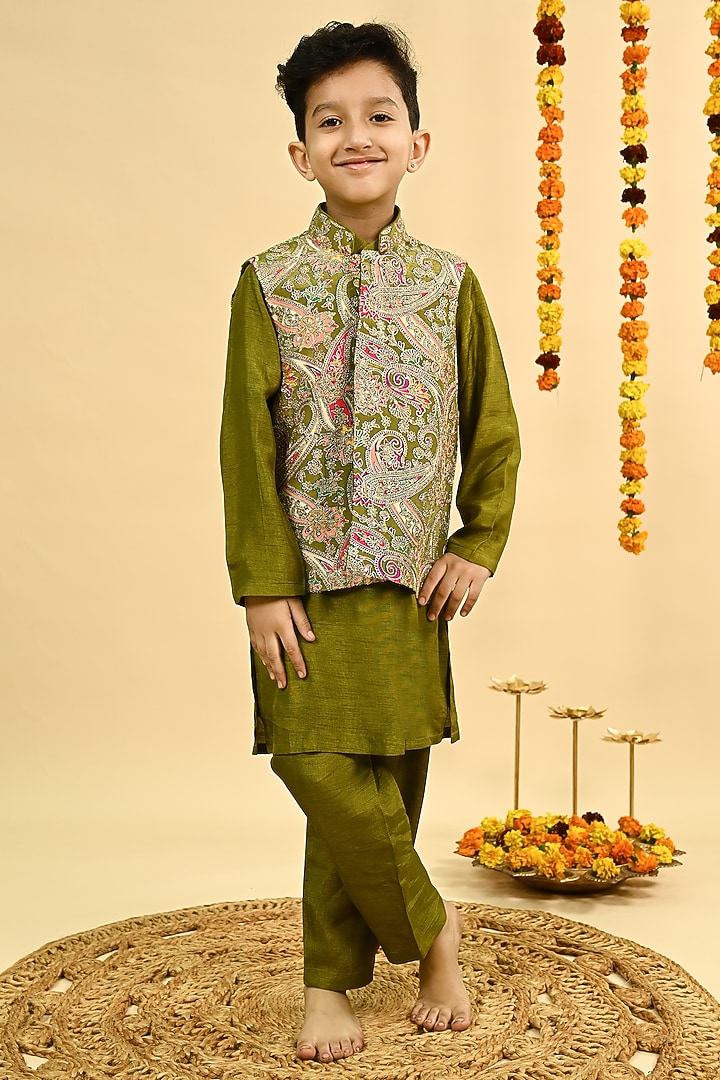 Olive Green Dola Silk Embroidered Nehru Jacket Set For Boys by Taber Tikri at Pernia's Pop Up Shop