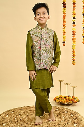 Olive Green Dola Silk Embroidered Nehru Jacket Set For Boys by Taber Tikri