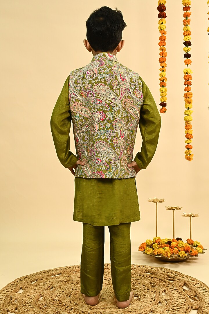 Olive Green Dola Silk Embroidered Nehru Jacket Set For Boys by Taber Tikri at Pernia's Pop Up Shop