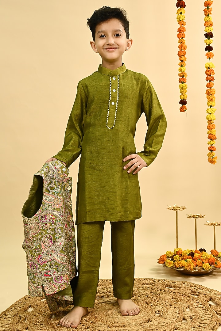 Olive Green Dola Silk Embroidered Nehru Jacket Set For Boys by Taber Tikri at Pernia's Pop Up Shop