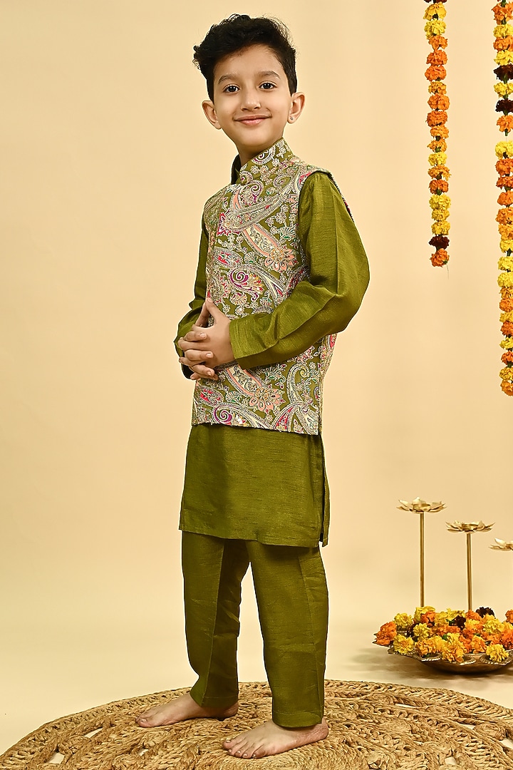 Olive Green Dola Silk Embroidered Nehru Jacket Set For Boys by Taber Tikri at Pernia's Pop Up Shop